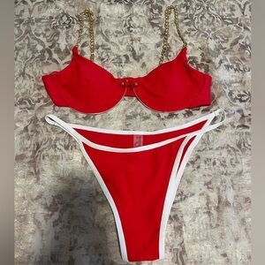 Boutique Red & white bathing suit with gold chain straps. Size M. EUC